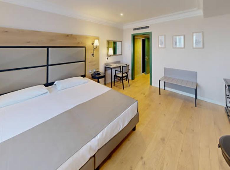 Camera moderna con letto matrimoniale, TV, scrivania e arredamento minimalista.